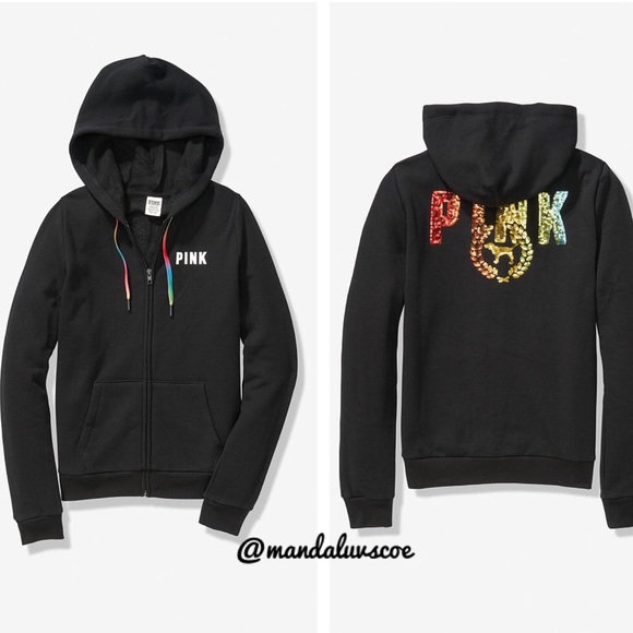 NEW💕VS PINK BLACK RAINBOW BLING FULL ZIP SET - Picture 2 of 6